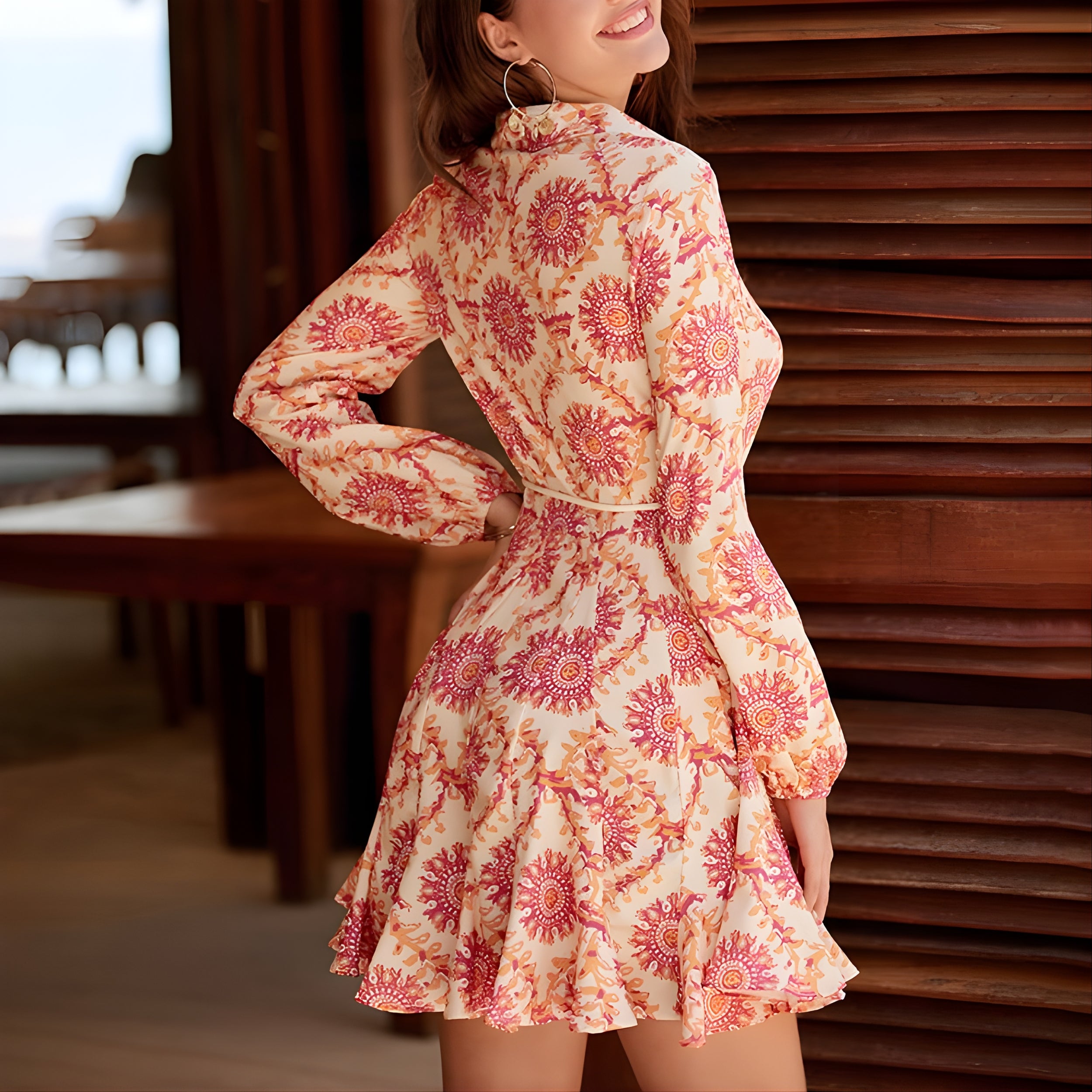 Luftig Mönstrad Chiffongklänning Långärmad